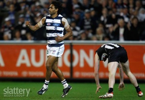 Travis Varcoe of Geelong celebrates during the AFL 2nd Preliminary Final between the Geelong Cats and the Collingwood Magpies at the MCG.