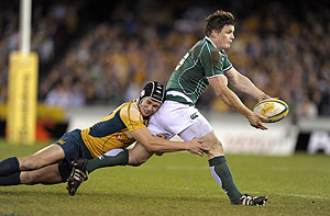 Australia's Berrick Barnes tackles Brian O'Driscoll of Ireland during their rugby union test match in Melbourne, Australia, Saturday, June 14, 2008. AP Photo/Andrew Brownbill