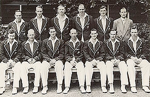 The Australian cricket team for the 5th Test against the West Indies at Sydney in January 1952. Richie Benaud is back row, second from right.