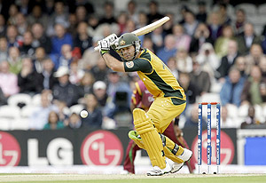 Australia captain Ricky Ponting swings out at the ball. AP Photo/Matt Dunham
