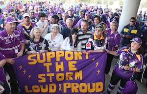 Melbourne Storm fans gather outside Aami staudiuim to show their support at a training session on Saturday, April 24, 2010. AAP Image/David Crosling