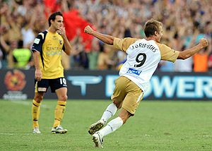 Joel Griffiths of the Newcastle Jets celebrates. AAP Image/Paul Miller