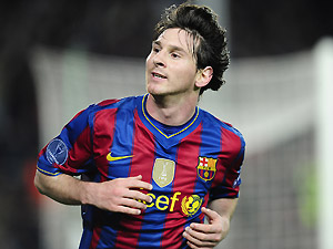FC Barcelona's Lionel Messi of Argentina reacts after scoring his third goal against Arsenal. AP Photo/Manu Fernandez