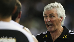 Mick Malthouse talks to his team at 1/4 time during the AFL Round 03 match between St Kilda Saints and the Collingwood Magpies at Etihad Stadium, Melbourne. Slattery Images