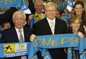 Australia's Prime Minister Kevin Rudd and FFA Chairman Frank Lowy center left, at Parliament House in Canberra. AP Photo/Rob Griffith