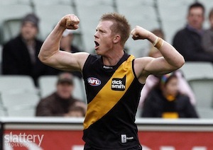 Richmond's Jack Riewoldt celebrates a goal during the AFL Round 12 match between the Richmond Tigers and the West Coast Eagles at the MCG, Melbourne.