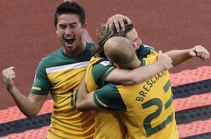 Socceroos celebrate their goal against Ghana at the World Cup