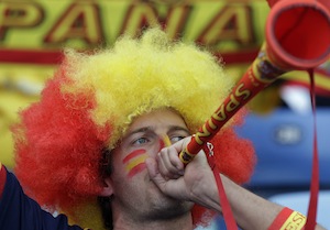 A Spanish supporter blows a vuvuzela prior at the 2010 World Cup