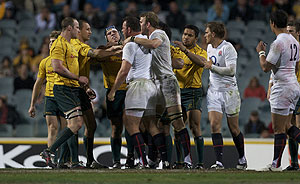 An onfield altercation breaks out during the Rugby Union England v Wallabies match at Subiaco Oval in Perth. AAP Image/Tony McDonough