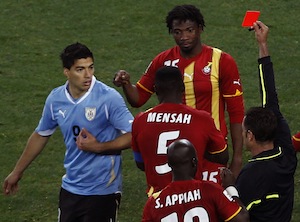 Luis Suarez sent off during the World Cup quarterfinal soccer match between Uruguay and Ghana