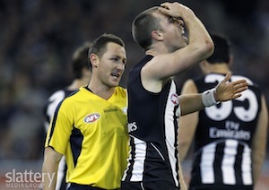 Collingwood's Nick Maxwell can't believe an umpiring decision.