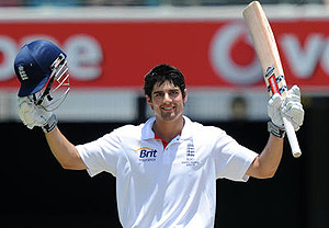England batsman Alistair Cook celebrates reaching 200 runs on day five of the first Ashes test. AAP Image/Dave Hun