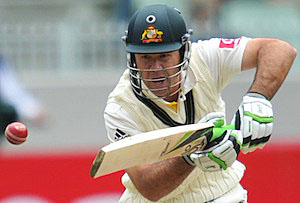 Ricky Ponting of Australia plays a shot before being dismissed on day one of the Fourth Ashes Test