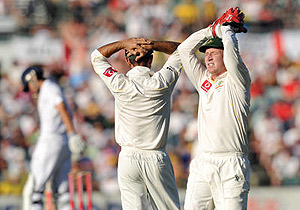 Australian captain Ricky Ponting (centre) and wicket keeper Brad Haddin 