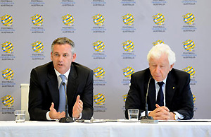 Football Federation Australia (FFA) Chairman Frank Lowy AC and CEO Ben Buckley. AAP Image/Tracey Nearm