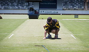 Curator Cameron Sutherland inspects the wicket during the Australian test squad practice session. AAP Image/Tony McDonough