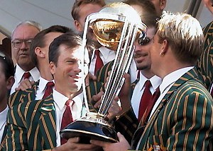Australian cricket captain Steve Waugh (left), and Vice Captain Shane Warne (right) display the World Cup Cricket trophy. Australia&#039;s 1 Day Cricket World Cup winning team drove in a motorcade down Sydney&#039;s main street to celebrate in a ticket tape parade with over 100,000 well wishers attending. AAP Photo/ Pablo Ramire