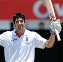 Alistair Cook, of England, celebrates a century