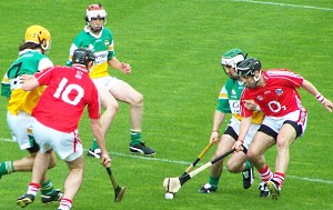Hurling teams compete for the ball in league sides