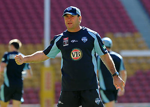 Coach Ricky Stuart gives instruction during the New South Wales State of Origin team training session. AAP Image/Dave Hunt