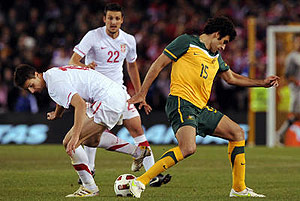 Milan Vilotic of Serbia takes on Milan Vilotic of Australia. AAP Image/Joe Castro