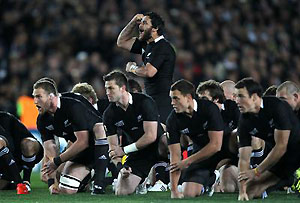 New Zealand's Piri Weepu (centre) stands as he leads the Haka before the start of the match. AAP Photos