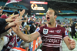 Manly Sea Eagles Brett Stewart celebrates their win in the NRL Grand Final at ANZ Stadium in Sydney, Sunday, Oct. 2, 2011. Manly defeated the Warriors 24 - 10. (AAP Image/Dean Lewins)