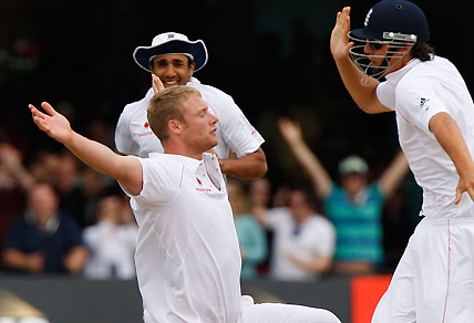 England's Andrew Flintoff celebrates after taking a wicket