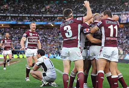Manly Sea Eagles celebrate the try of Glenn Stewart. AAP Image/Dean Lewins