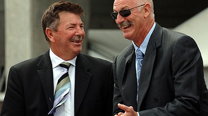 Cricket legends Dennis Lillee and Rod Marsh. AAP Image/Julian Smith