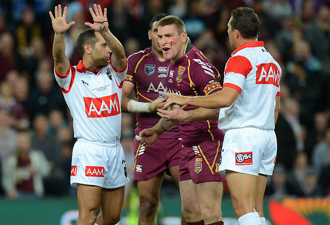 Queensland's Brent Tate is sent off after a brawl during 2013 State of Origin Game 2