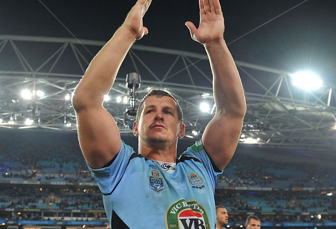 Greg Bird celebrates following the NSW Blues' victory over Queensland in Game I of 2013 State of Origin