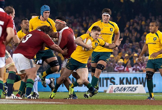 James O'Connor looks to break through for the Wallabies in their 15-14 win over the Lions. (Tim Anger Photography)