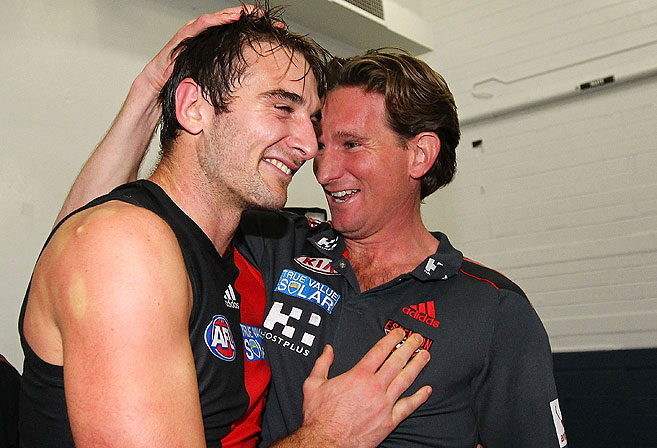Essendon Bombers coach James Hird celebrates with Jobe Watson. Photo: Will Russell