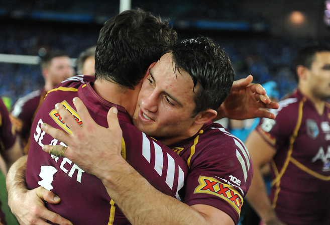 Queensland Maroons' Billy Slater and Copper Cronk celebrate winning State of Origin 2013