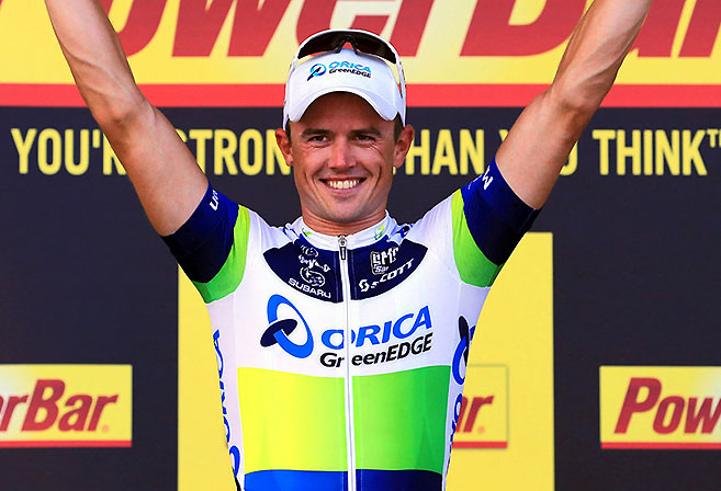 Orica-GreenEDGE rider Simon Gerrans celebrates winning Stage 3 at the 2013 Tour de France (Image: Sky).