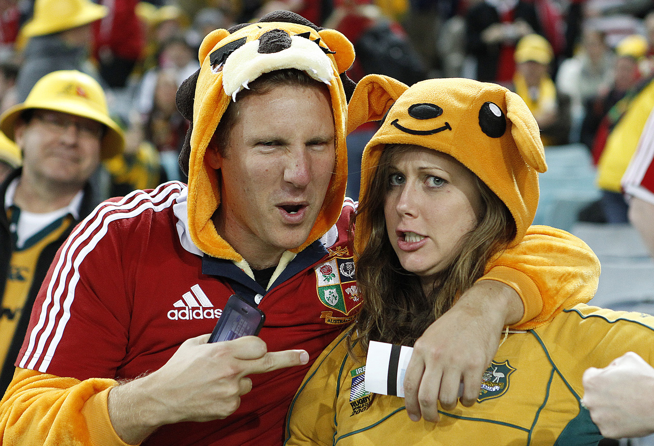 Lions and Wallabies fans get into the mood before the start of the match. (Photo: Paul Barkley/LookPro)