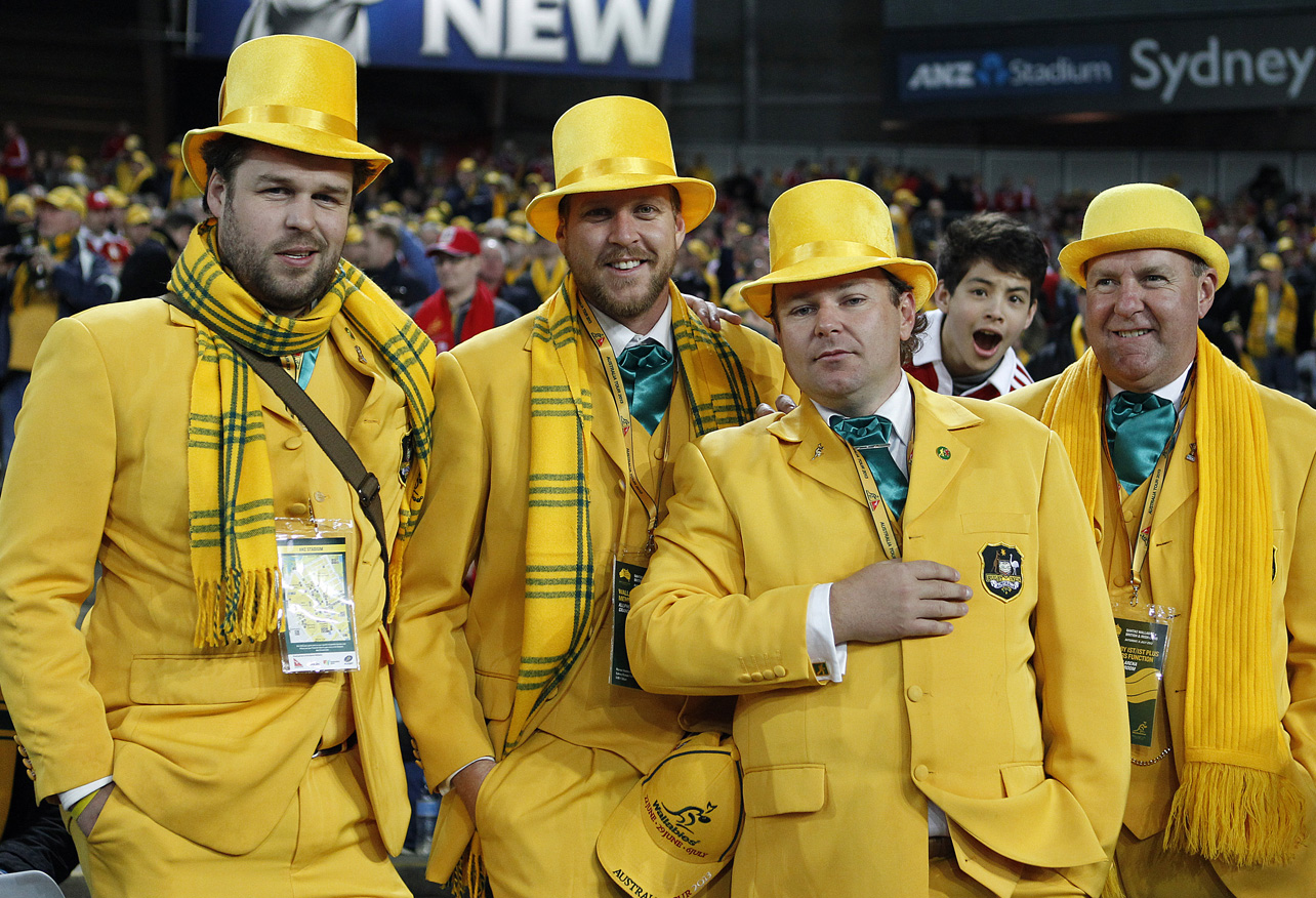 Wallabies fans in their green and gold suits before the start of the match. (Photo: Paul Barkley/LookPro)