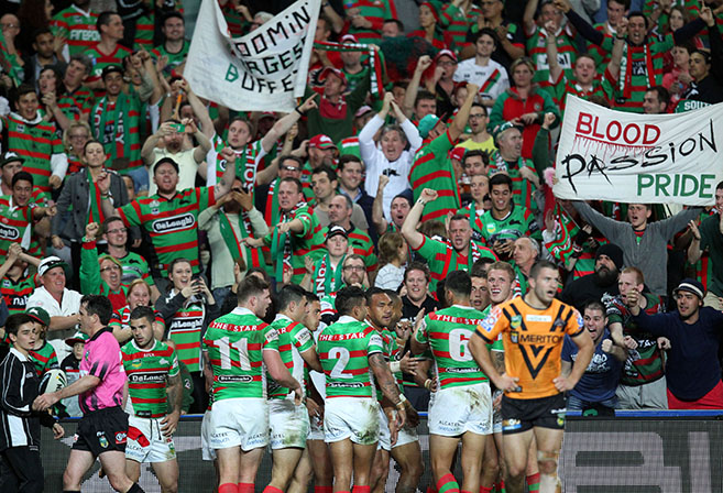 Souths Celebrate : NRL Rugby League - Roind 25, South Sydney Rabbitohs V Wests Tigers at Allianz Stadium friday the 30th of August 2013. Digital Image by Grant Trouville © nrlphotos.com