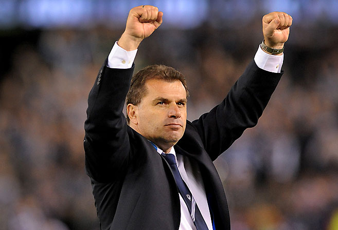 Newly appointed Socceroos coach Ange Postecoglou gestures to the crowd