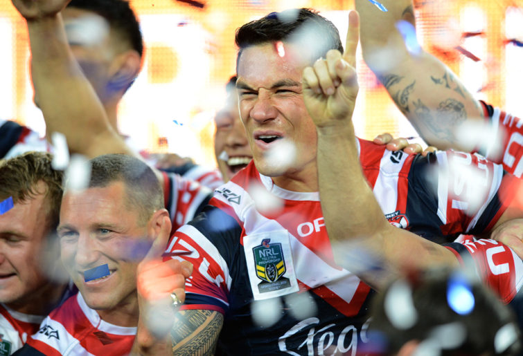 Sonny Bill celebrates the Roosters 2013 grand final win. (AAP Image/Dean Lewins)