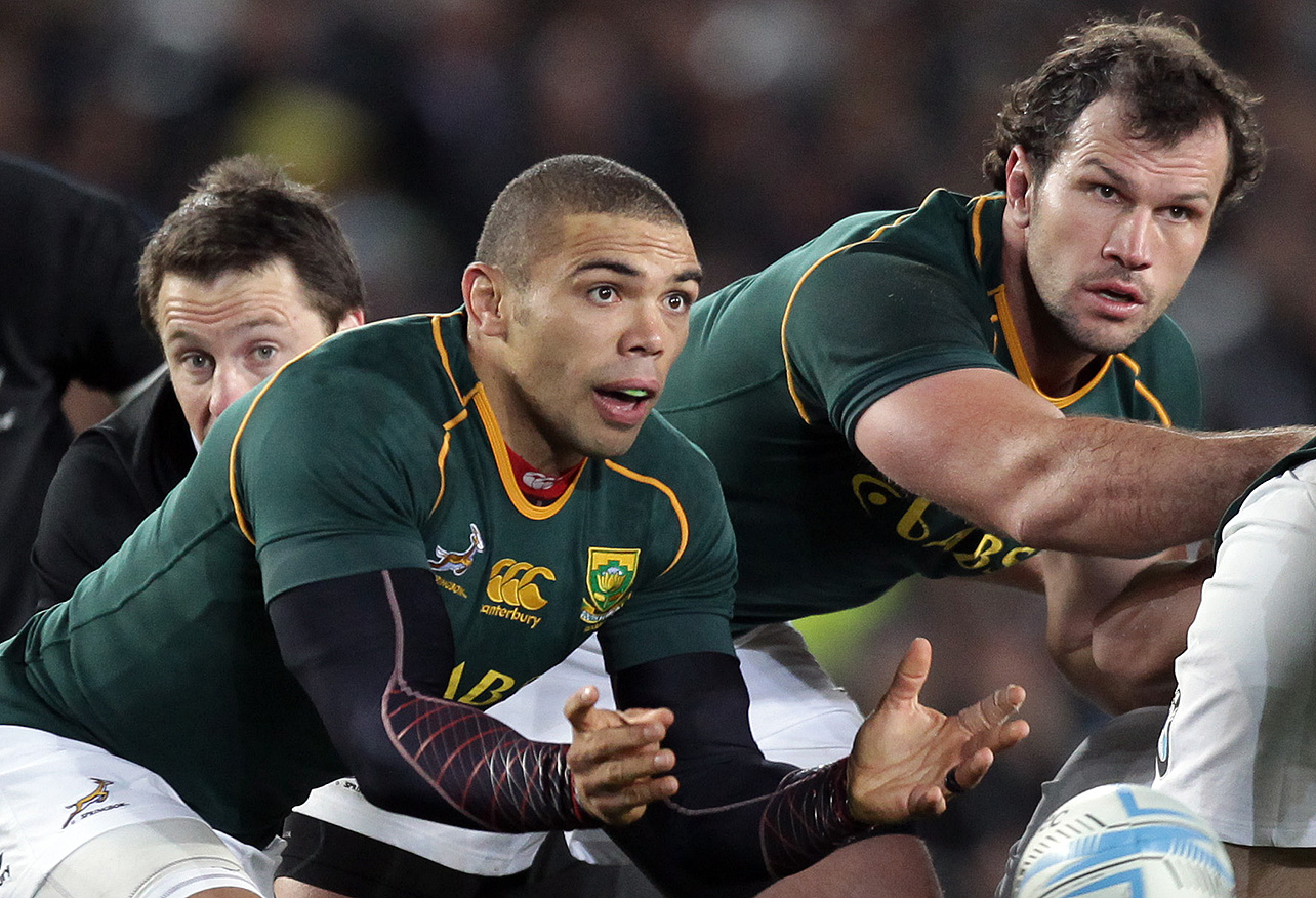 South Africa's Bryan Habana clears the ball whilst playing New Zealand in the 2013 Rugby Championship Match at Eden Park, Auckland, New Zealand, Saturday, September 14, 2013. (AAP Image/NZN IMAGE, SNPA, David Rowland) NO ARCHIVING, EDITORIAL USE ONLY