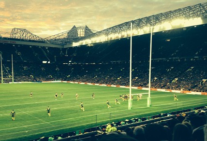 New Zealand try to breach the Kangaroos' defence in the Rugby League World Cup final, 2013 at Old Trafford, Manchester. 