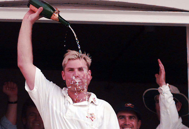 Shane Warne celeberates winning the 1997 Ashes series in England