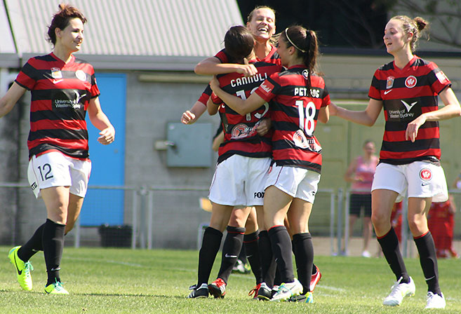 Western Sydney Wanderers' W-League side celebrates the goal of Catherine Cannuli