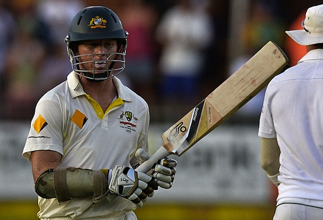 Australian cricketer Chris Rogers reacts after falling for 107 runs