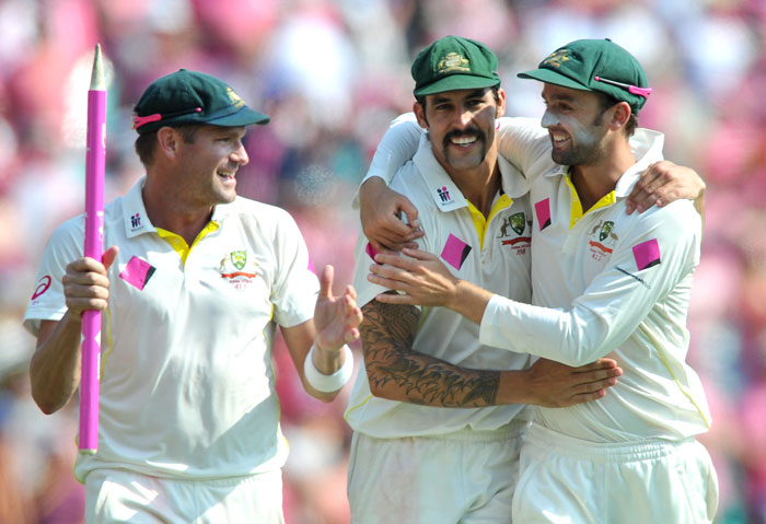 Australia's Ryan Harris, Mitchell Johnson and Nathan Lyon. (AAP Image/Paul Miller)