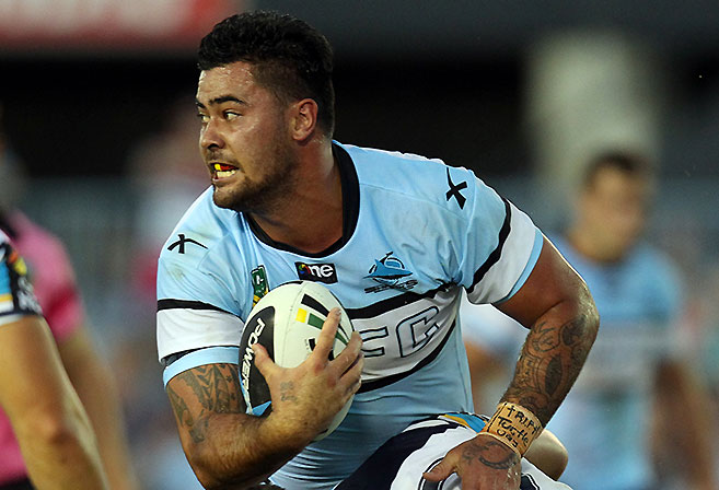 Andrew Fifita attacks during the NRL round one match between the Cronulla Sharks and the Gold Coast Titans at Remondis Stadium, Sydney, Monday, March 10, 2014. (AAP Image/Action Photographics, Grant Trouville)
