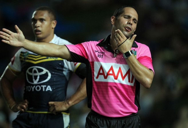 Referee Ashley Klein during the Round 3 NRL match between the North Queensland Cowboys and the New Zealand Warriors at Townsville Stadium in Townsville, Saturday, March 22, 2014. (AAP Image/Action Photographics, Colin Whelan)