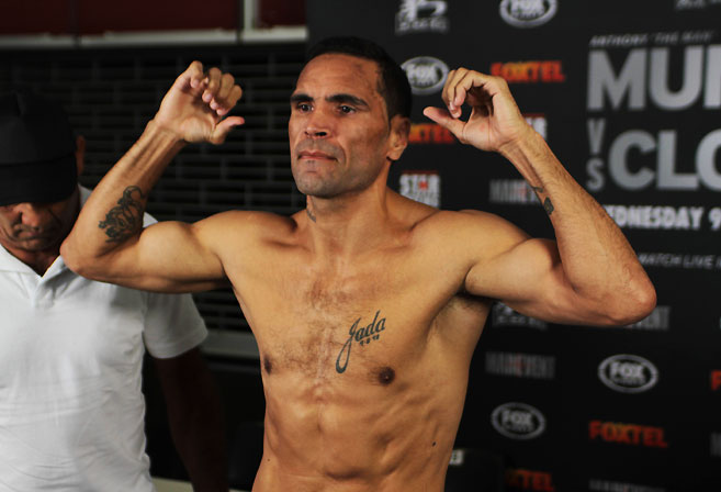 Mundine flexes for the cameras after weighing in